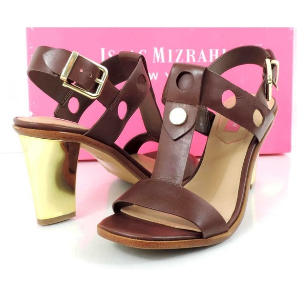 Isaac Mizrahi Sasha Metallic Heels Ankle Strap Sandal Studs Brown Size 7.5 - Picture 2 of 8